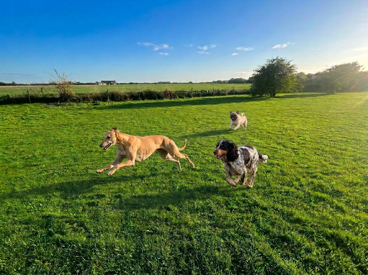 Open countryside paddocks at Iconic Boarding Kennels, Goole