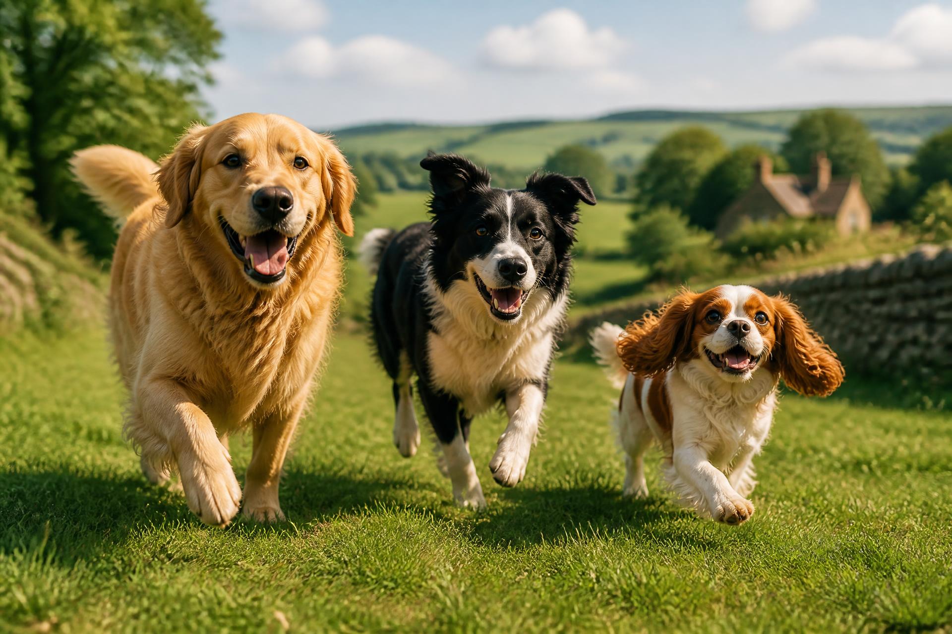 Happy dogs of different breeds playing together on a grass field